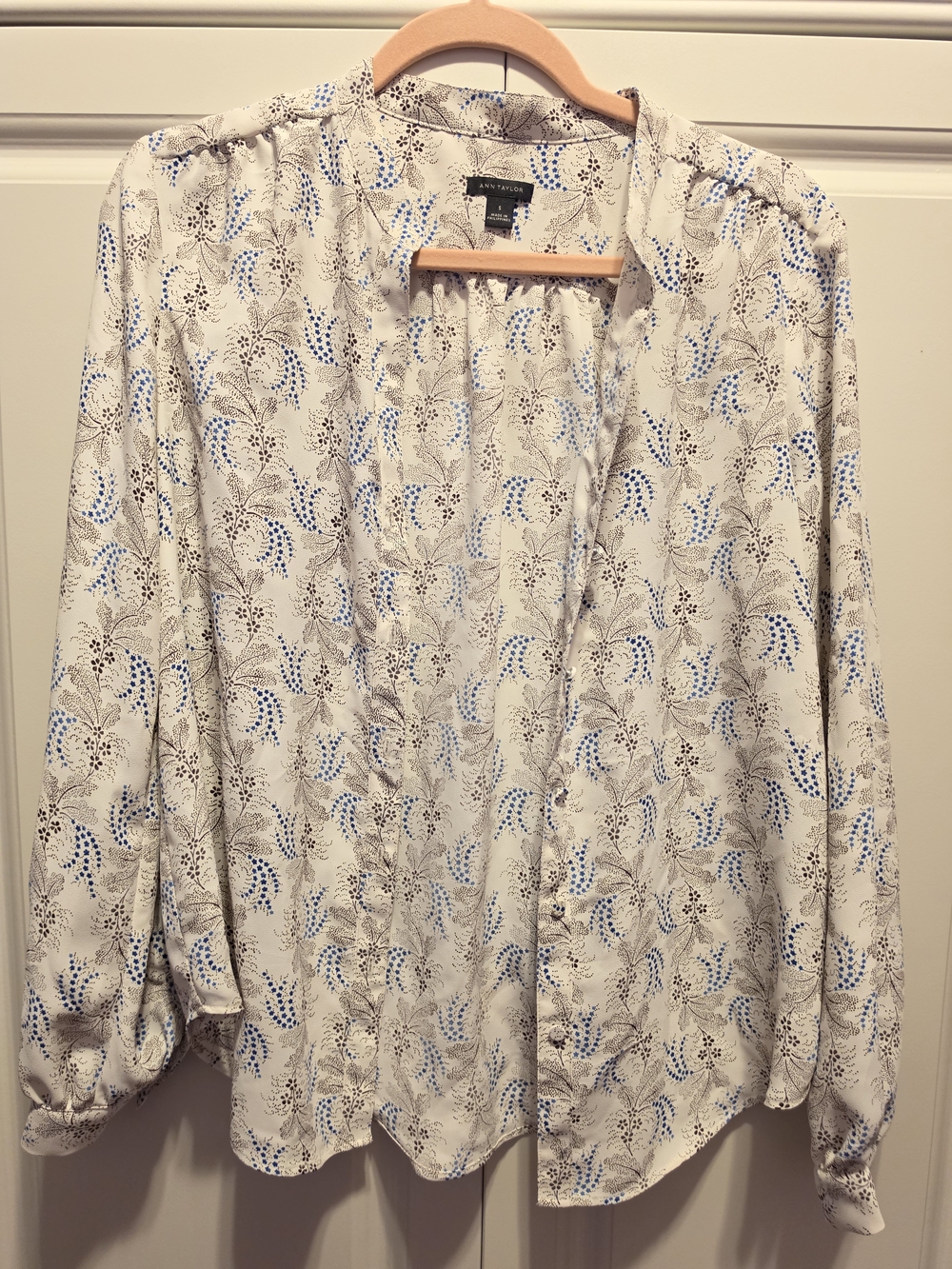 Ann Taylor Cream Button-Down Blouse with Blue and Brown Floral Motif